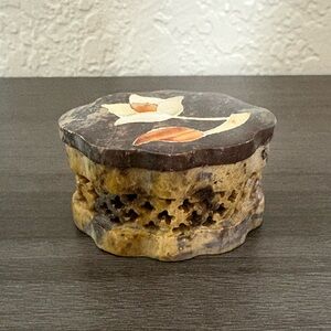 Vintage Hand Carved Soapstone Trinket Box Floral Design Crafted in India